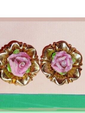 Vintage Pink Rose Screwback Earrings